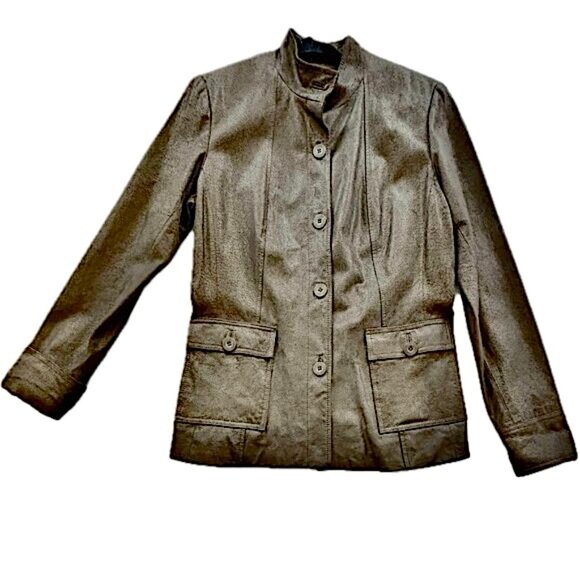 😊Alfani Leather Coat Brown Bronze Lined Jacket Zip Sleeves Pockets Womens Sz M - Picture 2 of 15